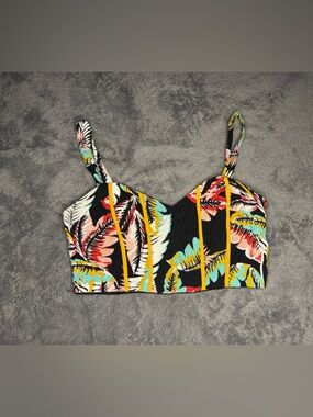 Black Tropical-Print Crop Top with Yellow Trim